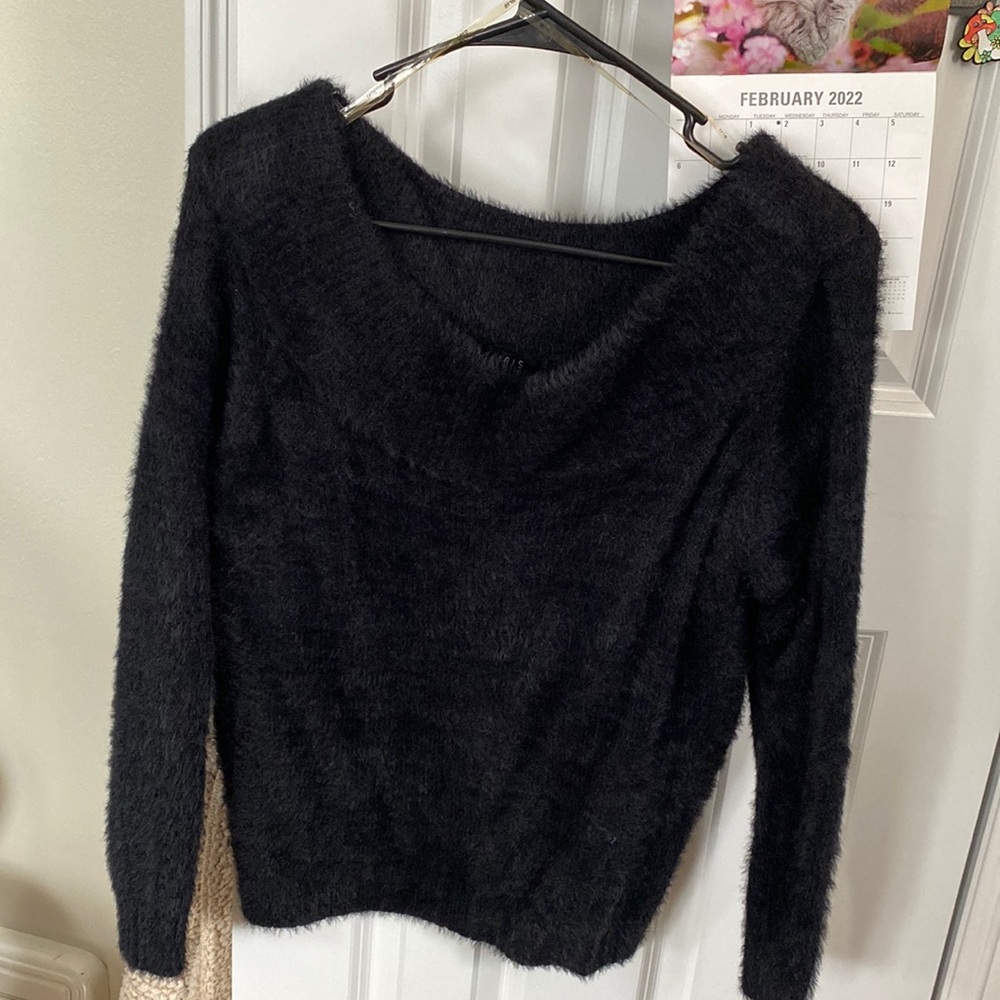 Cold shoulder black fuzzy sweater